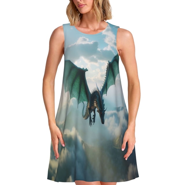 Balery Cloud Sky Green Dragon Vestidos de verano para mujer con estampado: vestido holgado sin mangas, vestido playero informal y cómodo para días calurosos.