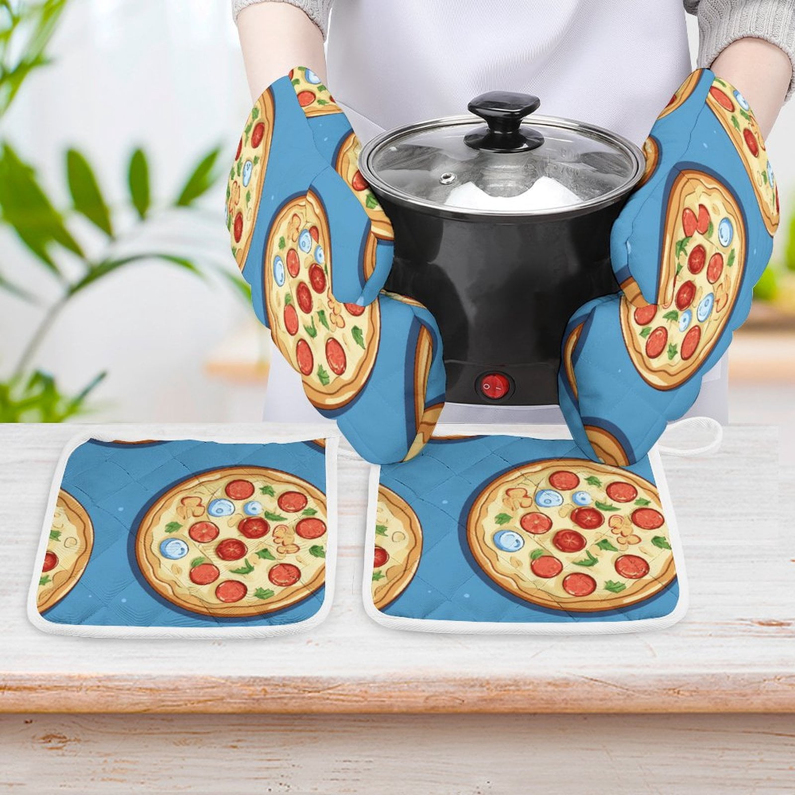 Fun Pizza Insulated Gloves And Pot Mats (four Piece Set)