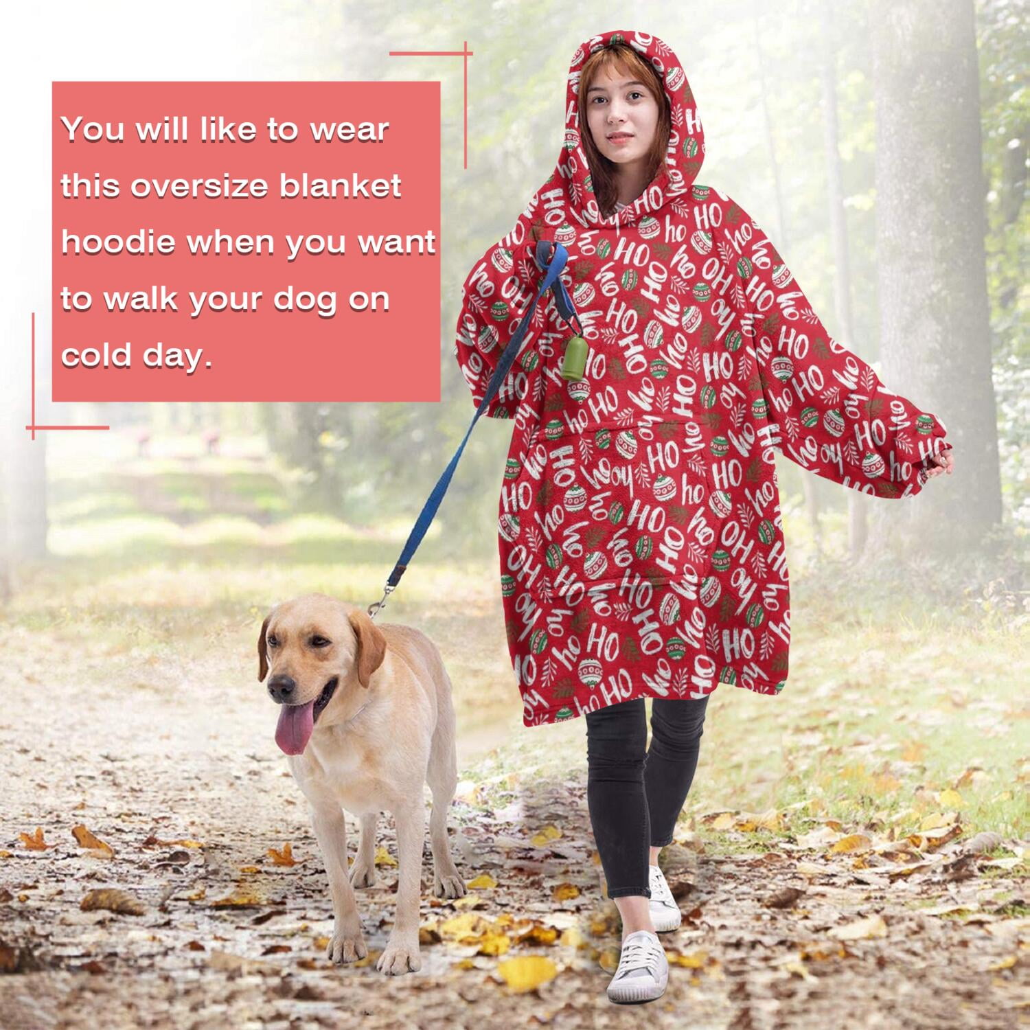 Wearable Oversized Blanket,Red Christmas HO Pattern Wearable Blanket Hoodie for Adults,Cozy Hooded Blankets with Super Pockets,Super Warm Fuzzy Pullover for Women & Men