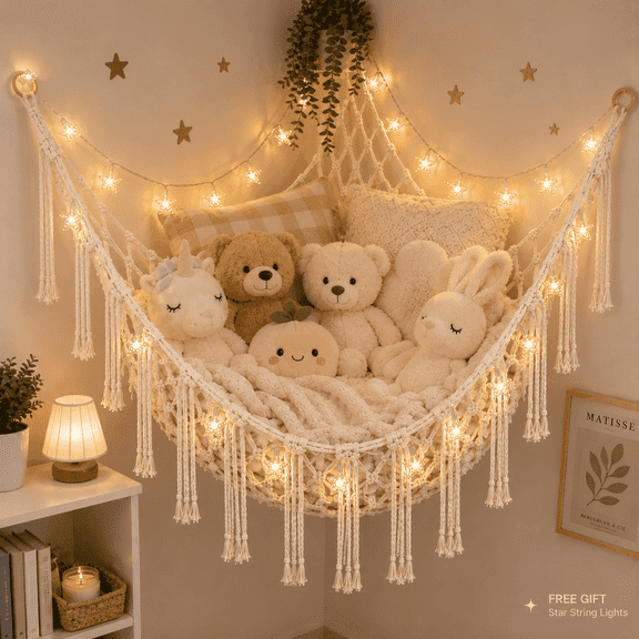 Ivory Macrame Stuffed Animal Storage Hammock, Corner Plush Toy Organizer with Tassels, Star Lights and Hooks for Kids' Room