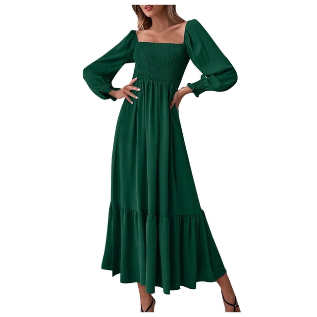 Robe Maxi à Manches Longues Automne 2024 pour Femmes - Encolure Carrée, Smockée à Volants - Robe Fluide en Polyester avec Poches Latérales - Taille Unique - S-TTG