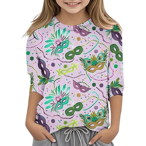 Mardi Gras Shirts Kids Boys Girls 3/4 Sleeve Casual Round Neck T-Shirt Carnival Themed Mask Graphic Tees Soft and Comfortable Pullover Tops Light 3-4 Years