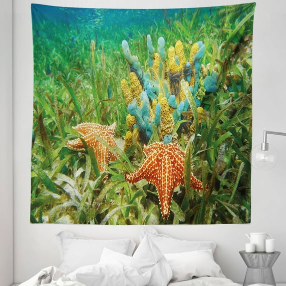 Starfish Tapestry, Underwater Marine Life with Colorful Sponges and Starfish Surrounded by Seagrass, Fabric Wall Hanging Decor for Bedroom Living Room Dorm, 5 Sizes, Multicolor, by Ambesonne