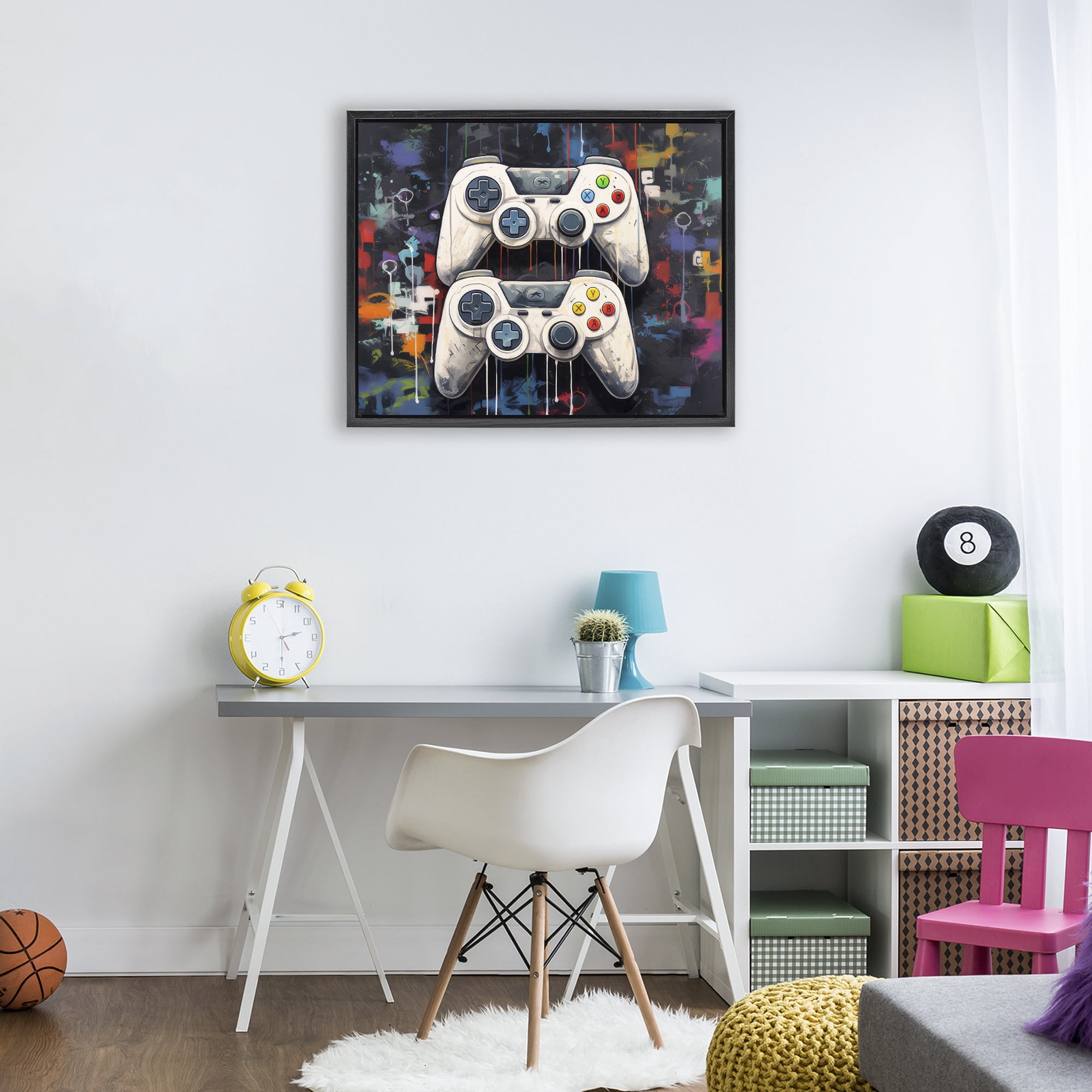 Stupell Industries Joystick Journeys with Paint Splatter Black Framed Floater Canvas Wall Art, design by Lazar Studio