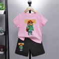 thumbnail image 3 of Conjunto de ropa para niños y adolescentes con estampado de oso de marca, camiseta de cuello redondo y traje corto de 2 piezas, informal, de verano, para niñas y bebés, 3 of 5