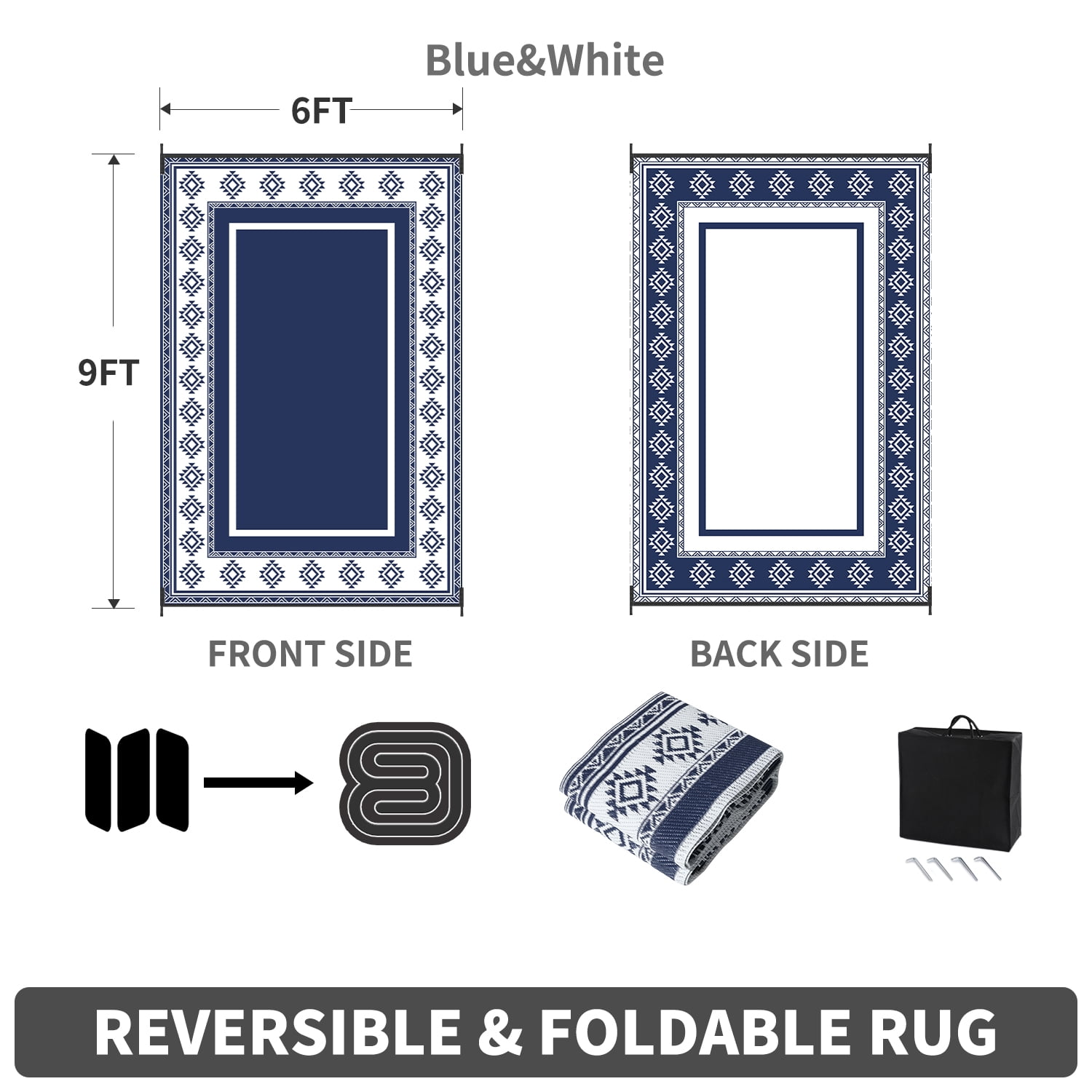 SIXHOME 6x9 Feet Waterproof Outdoor Rug - Reversible Blue & White Plastic Patio Mat, Non-Slip Durable Moroccan Geometric Design for Camping, RV, Balcony, Porch, Picnic