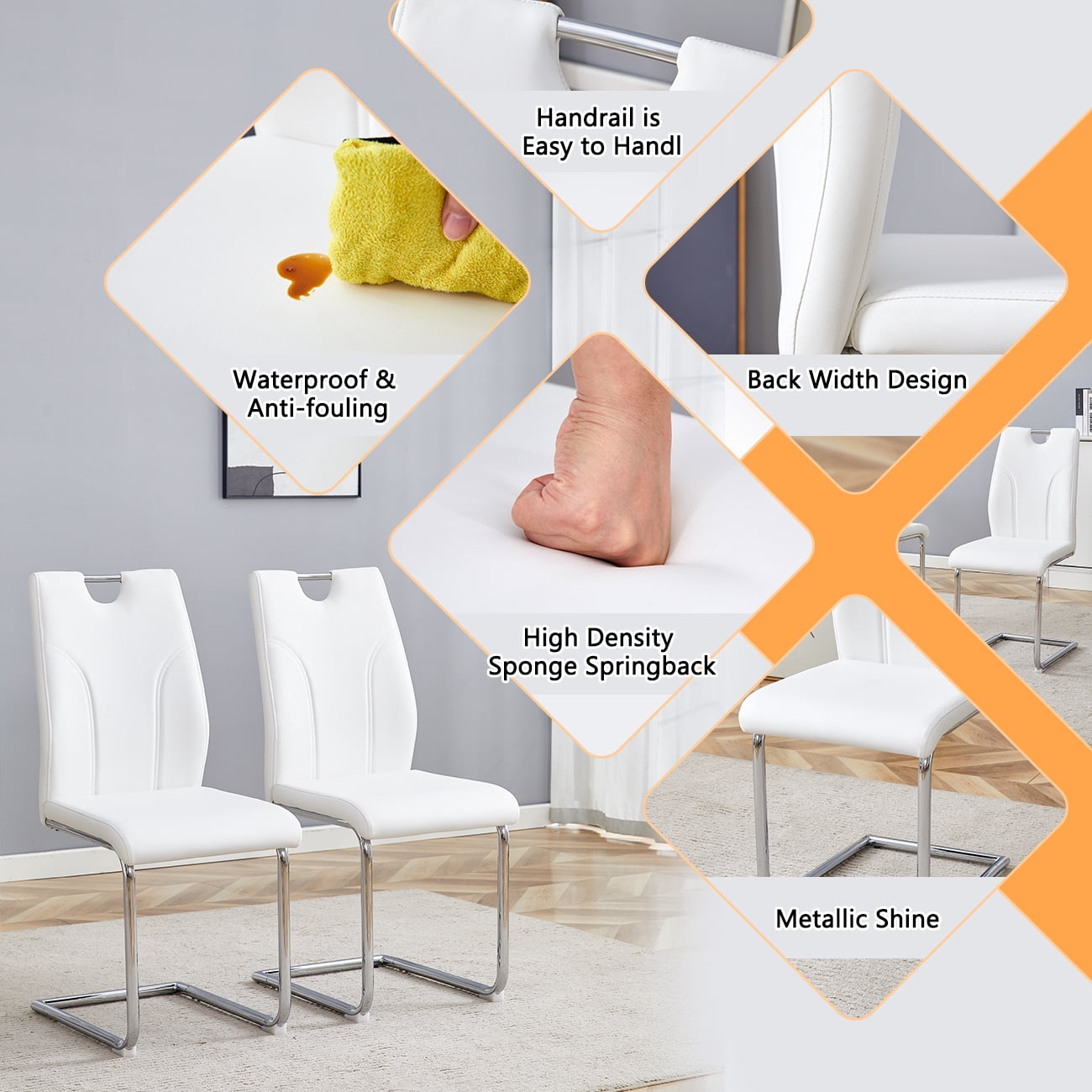 NYEESS Set of 4 White PU Dining Chairs with Silver Metal Legs, Upholstered Modern Kitchen and Dining Room Chairs