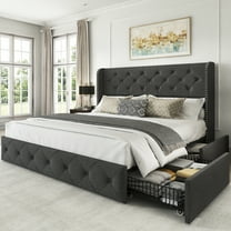 LARMACE King Size Linen Upholstered  Platform Bed Frame with 4 Storage Drawers and Tufted Headboard,Dark Grey