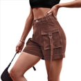thumbnail image 3 of Pantalones Cortos de Sarga de Tiro Medio y Alto para Mujer, Elásticos, con Bolsillos, para Discotecas Marrón L, 3 of 9