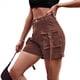 thumbnail image 3 of Pantalones Cortos de Sarga de Tiro Medio y Alto para Mujer, Elásticos, con Bolsillos, para Discotecas Marrón L, 3 of 9