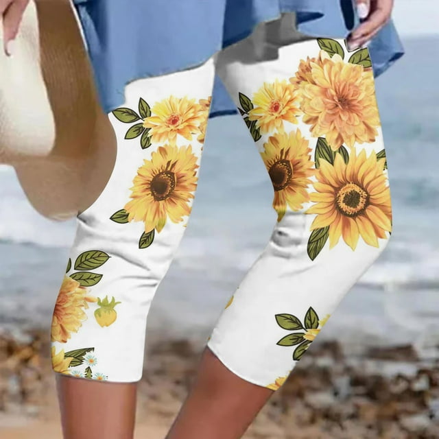 Pantalons pour Femmes 2024 Pantalons Athlétiques Raccourcis Imprimé Floral Taille Élastique Décontractée Pantalons de Plage pour Femmes Taille Haute en Solde