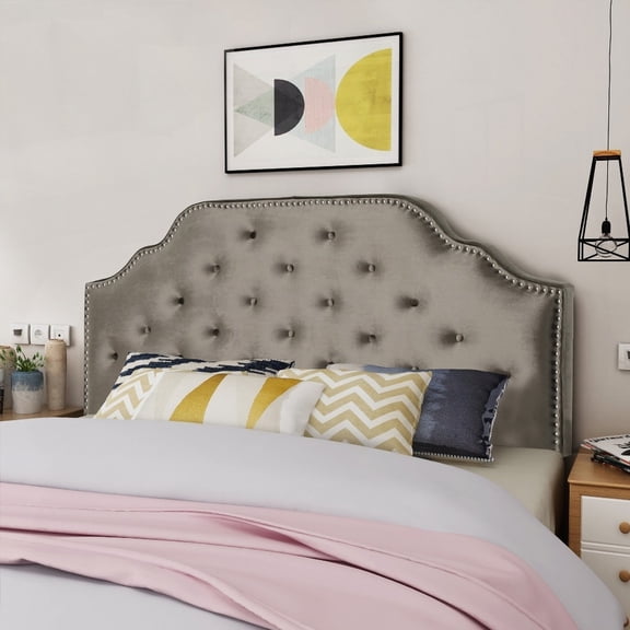 Queen Size Headboard in Modern Button Tuffted Design, Solid Wood with Durable Metal Legs, Velvet & Nailhead Accents
