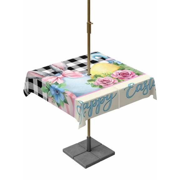 Easter Outdoor Tablecloth - 60x60 Inch Square Dining Table Cover, Spring Watercolor Bunny Eggs Flowers Black Plaid Waterproof Outdoor Table Cloth with Umbrella Hole & Zipper for Picnic/Patio/Party