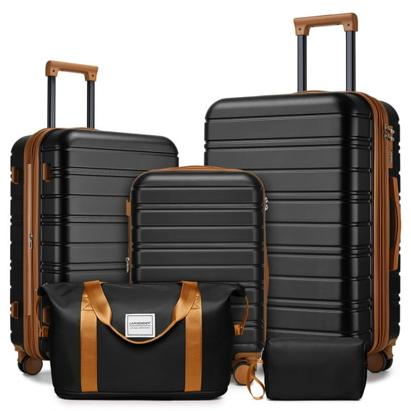 Luggage Set 5 Piece with Spinner Wheels, ABS Hardside Luggage with TSA Lock Expandable Carry on Suitcase Set for Travel Black