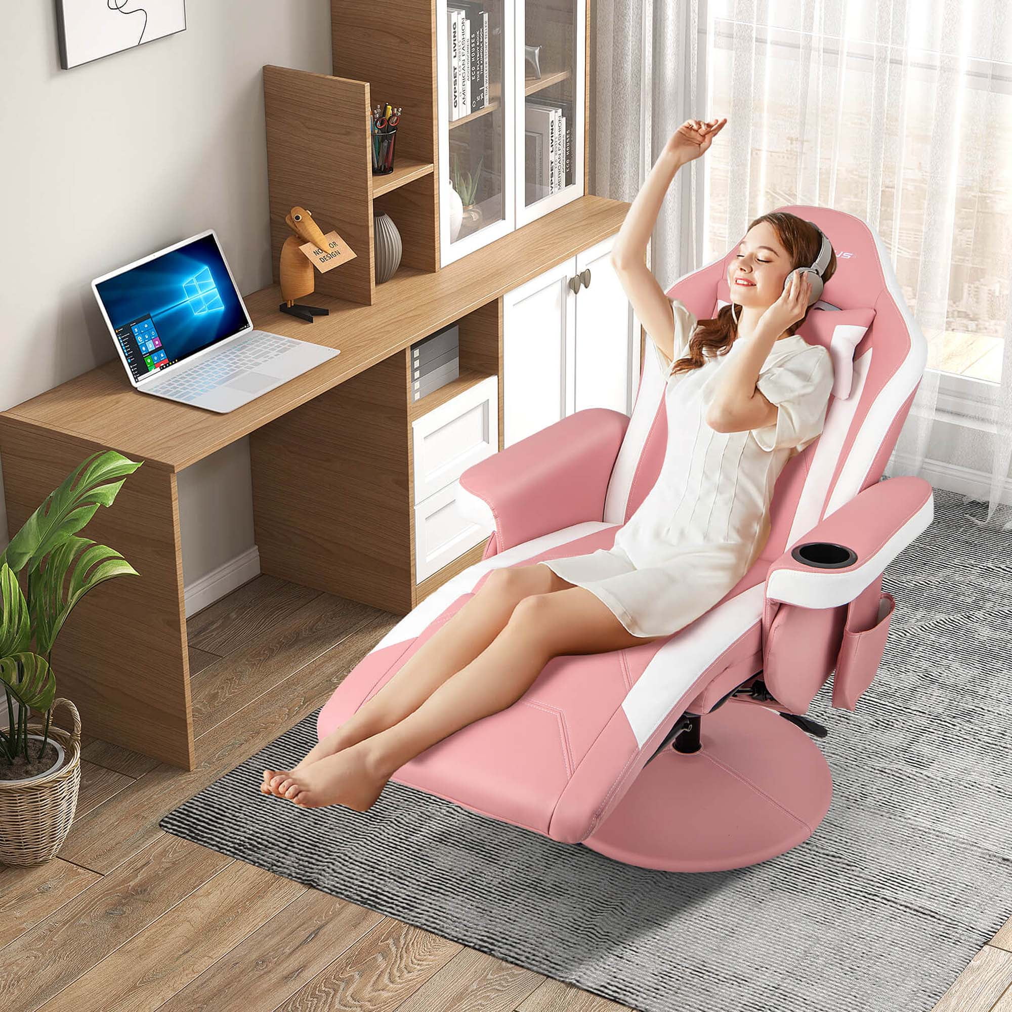 Goplus Massage Gaming Recliner Height Adjustable Racing Swivel Chair with Cup Holder Pink