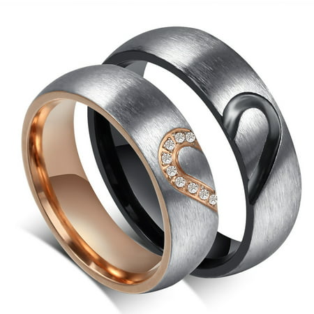 Couple's Matching Heart Ring, His and Her Wedding Band in Stainless Steel, for Men and Women, Comfort