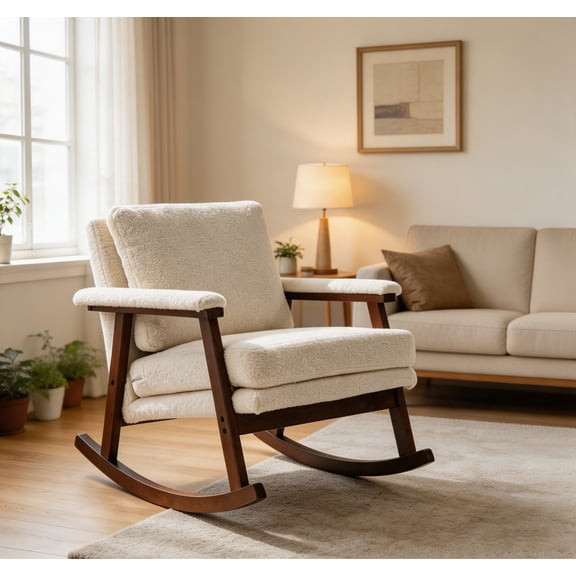 WRXELAN Upholstered Rocking Chair Solid Wood Frame Mid Century Accent Armchair – Cozy Reading Lounge Chair for Living Room Bedroom Sunroom