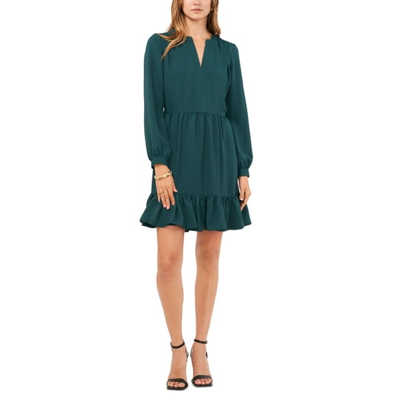 Vince Camuto Women’s Ruched Flounce Dress, Deep Forest, XXS