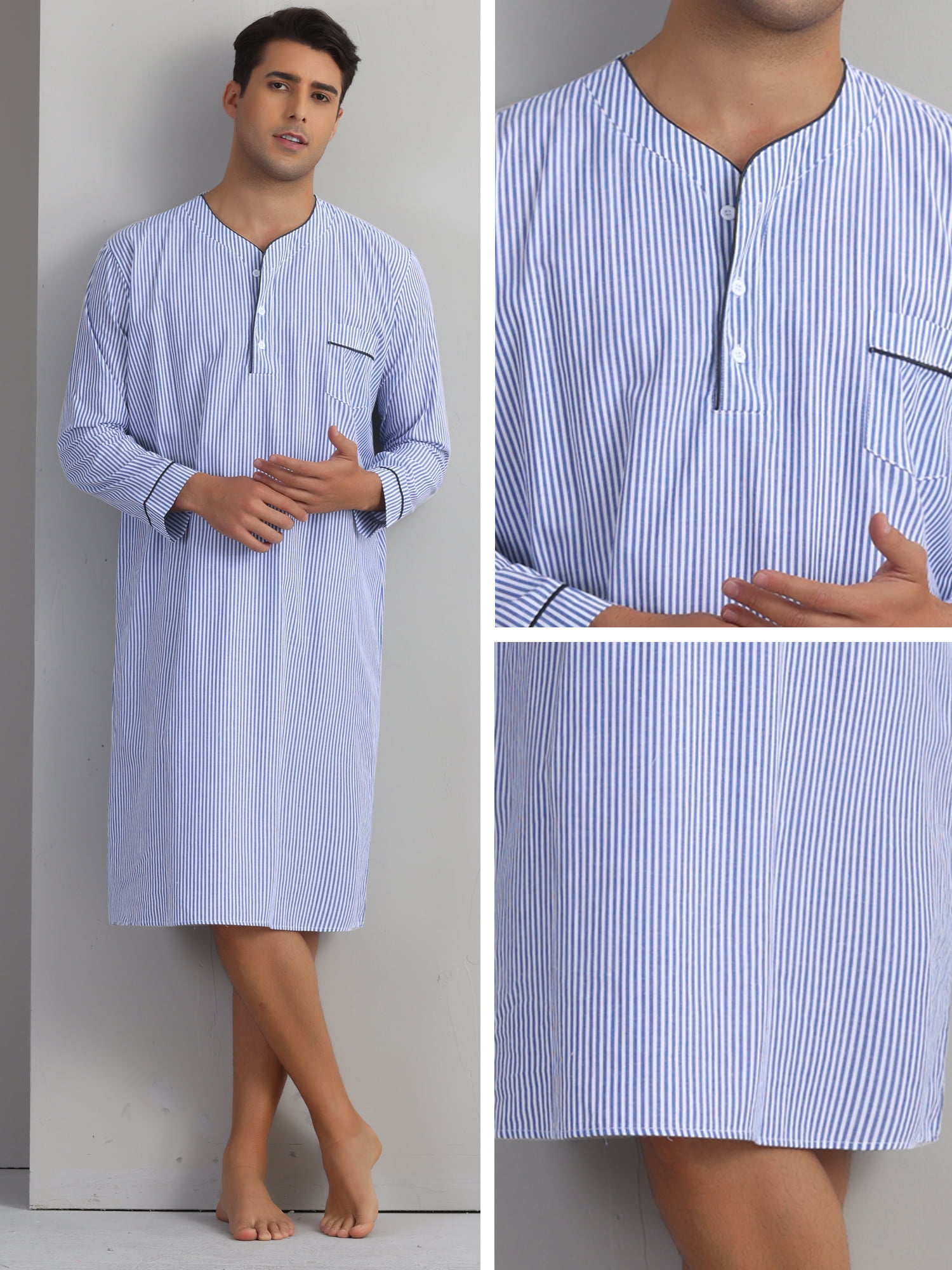 DARING DIVA Men's Striped V-Neck Button Front Long Sleeve Comfortable Nightshirt 2XL Blue