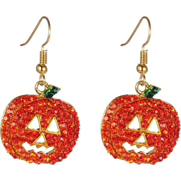 Halloween Pumpkin Earrings Red - Hypoallergenic Crystal Dangle Earring for Women Holiday Night Costume Jewelry Smiling Face Pumpkin Drop Earrings, Fun and Festive