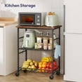 thumbnail image 2 of Rolling Kitchen Microwave Cart - 3 Tier Microwave Table Stand with Storage Basket and Hooks, Kitchen Utility Cart on Wheels, Coffee Cart Shelf Rack Organizer for Living Room Office, Balcony, 2 of 7