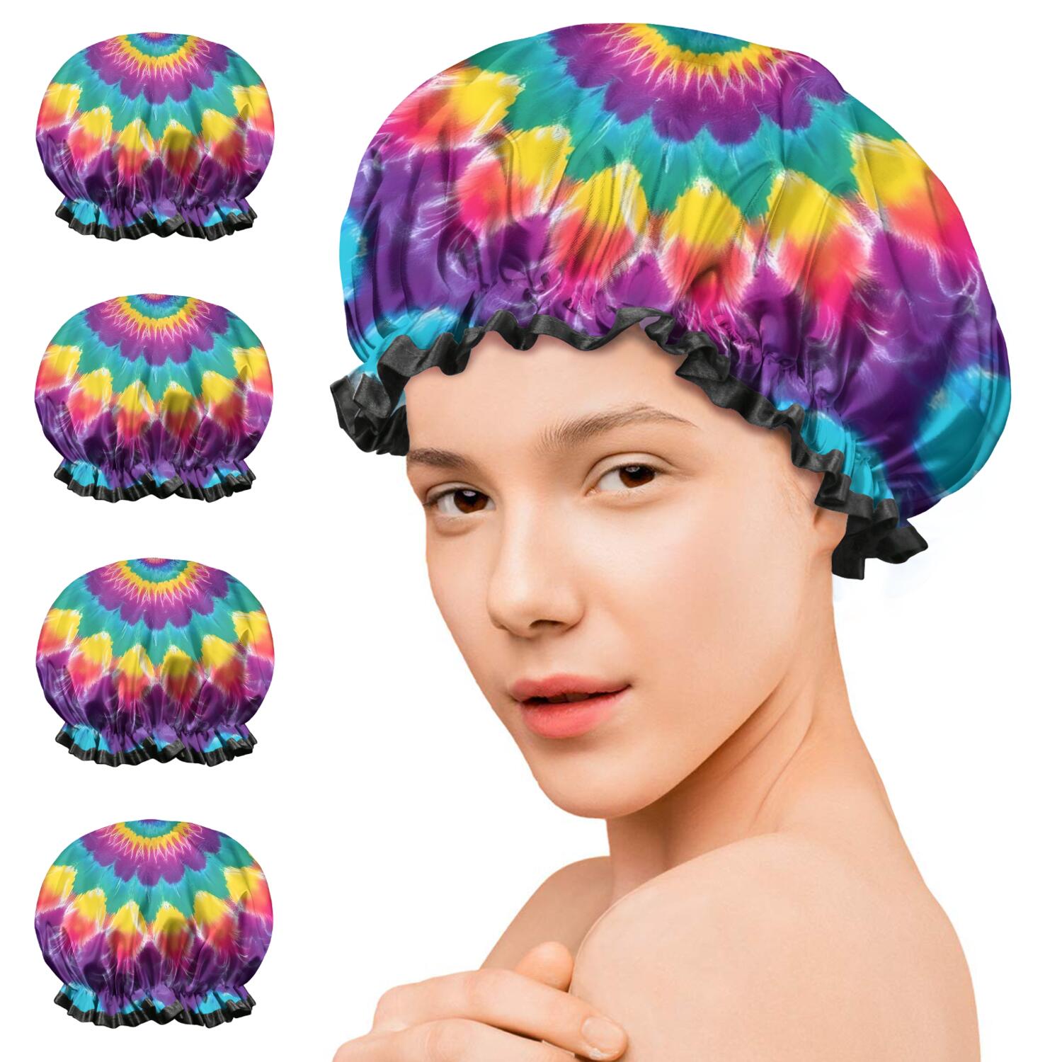 Shower Caps,Rainbow Tie Dye Radial Pattern Waterproof Shower Cap for Women 4 Pieces,Double Reusable Hair Cover for Shower PEVA Elastic Stretch Hem