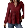 thumbnail image 3 of HUBERY Women Ruching Layered Hem V Neck Long Sleeve Elastic Cuff Solid Color Top, 3 of 7