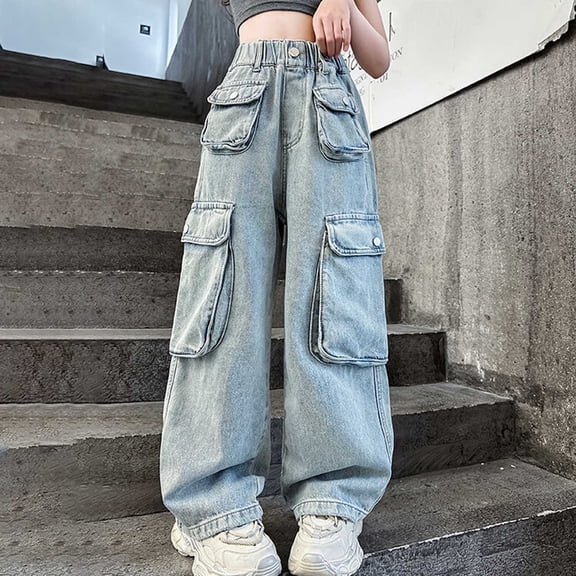 DJDLJWCJ Girls Jean Pants Straight Leg Loose Fit Denim Pants Lightweight Soft Baggy Jean Pants Blue Size 5-6Years