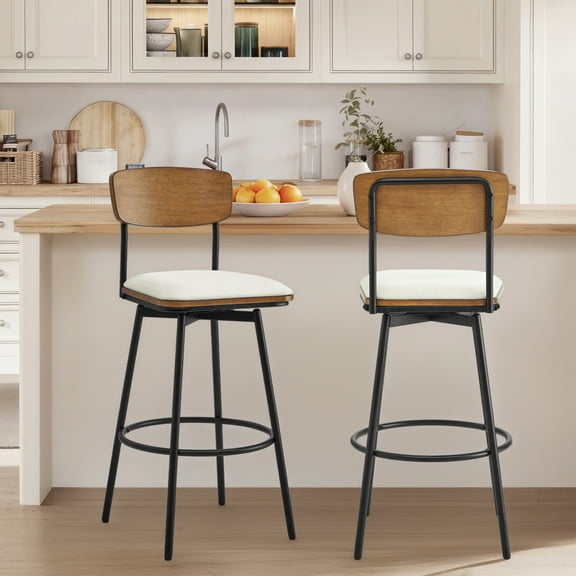 Spruce & Spring Bar Height Swivel Bar Stool with Wood Back and Metal Base Set of 2, White, Fabric