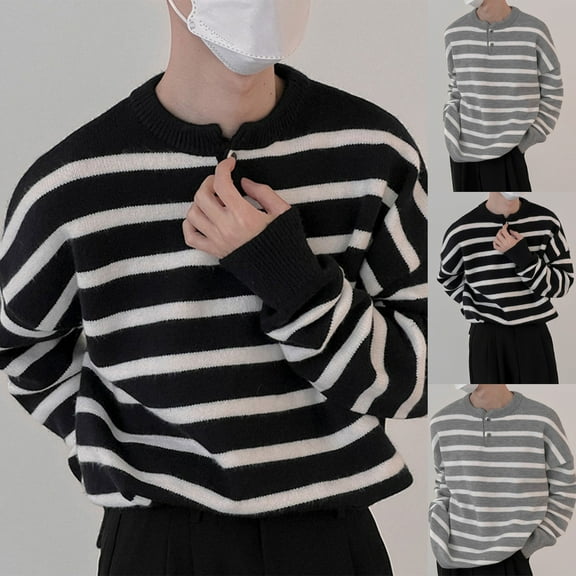 LOVZFMLL Men's Sweaters, Striped Crew Neck Ribbed Pullover, Fashion Casual Basic Everyday, Warm Winter Tops Loose, Fall Clothes