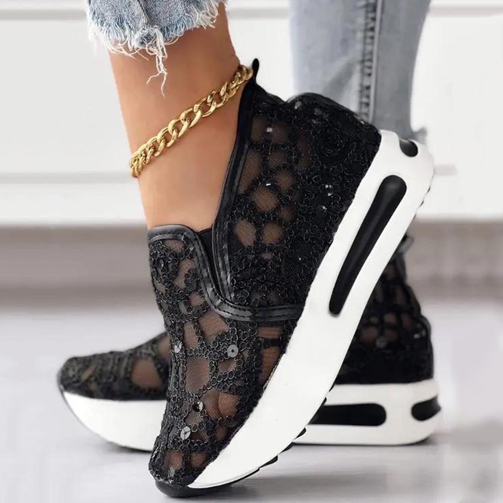 Dakaela Platform Wedge Sneakers for Women Hidden High Heels Slip on Loafers Walking Work Shoes Black 8.5