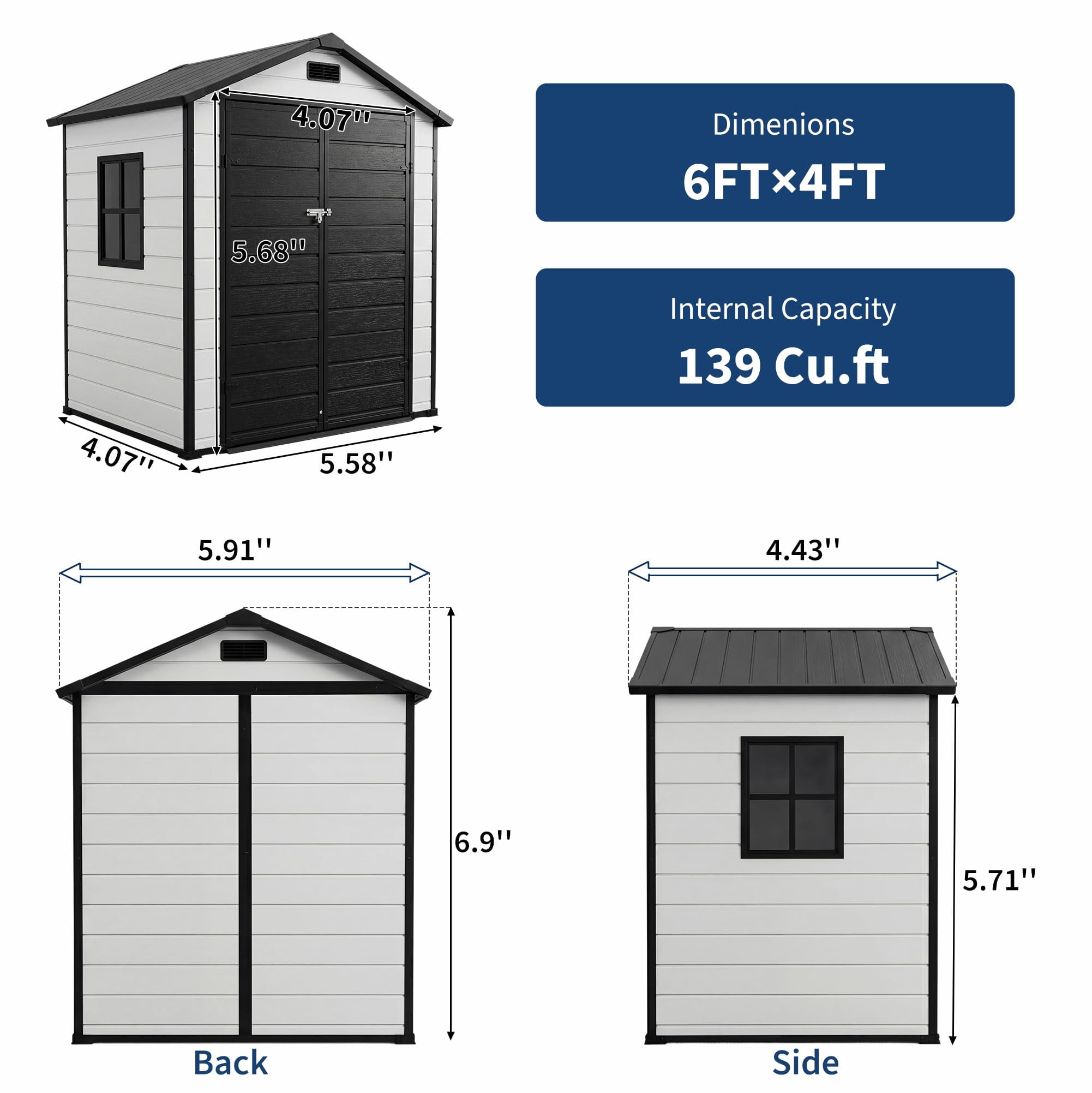 6x4 FT Plastic Resin Outdoor Storage Shed with Floor, Weatherproof Garden Shed with Window & Lockable Door for Tools, Bikes & Lawn Mowers-Gray+ Black