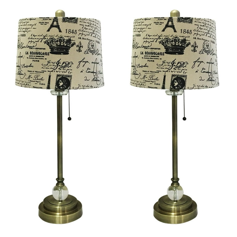 Royal Designs 28 Crystal And Antique Brass Lamp With Eggs Black Vintage French Print Drum Hardback Shade Set Of 2 Com Antique Brass Lamp, French Print Lamp Shades