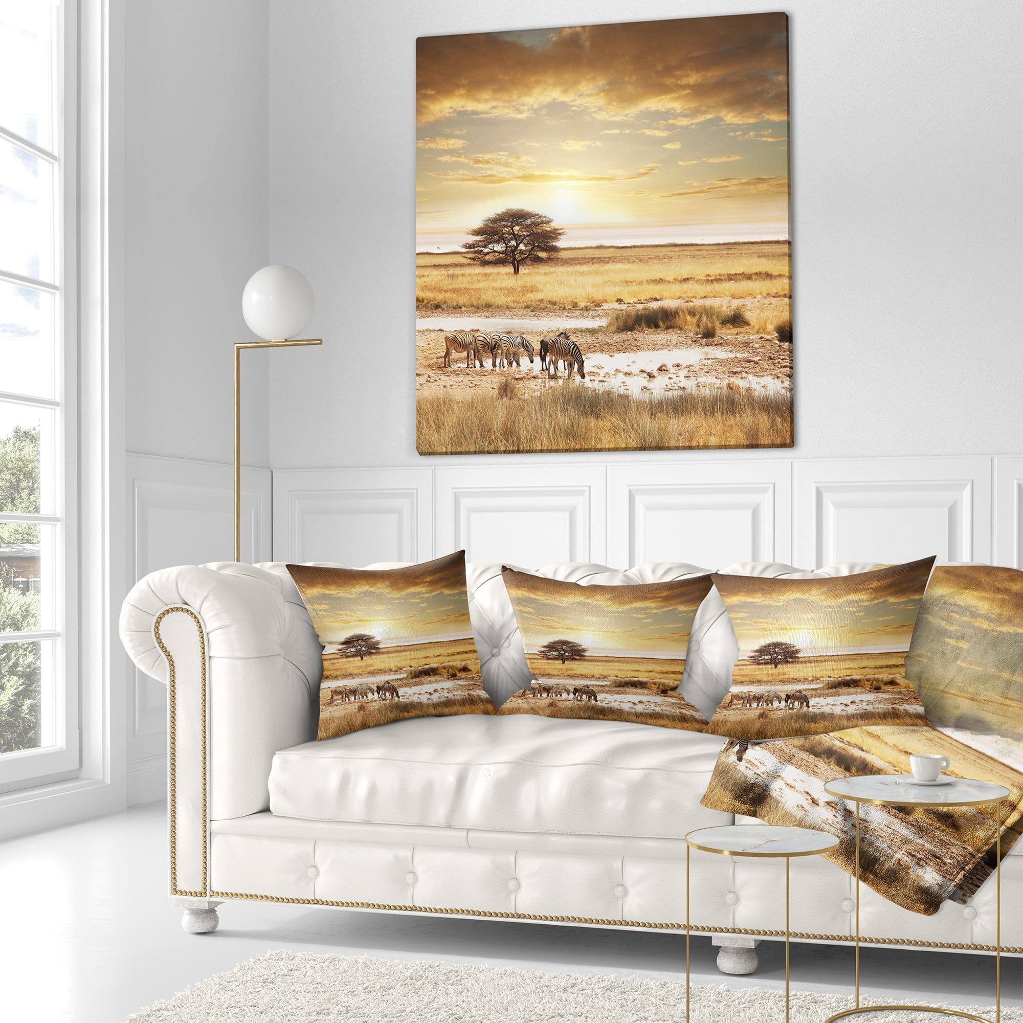 Designart Herd of Zebras Drinking Water - African Landscape Printed Throw Pillow - 16x16