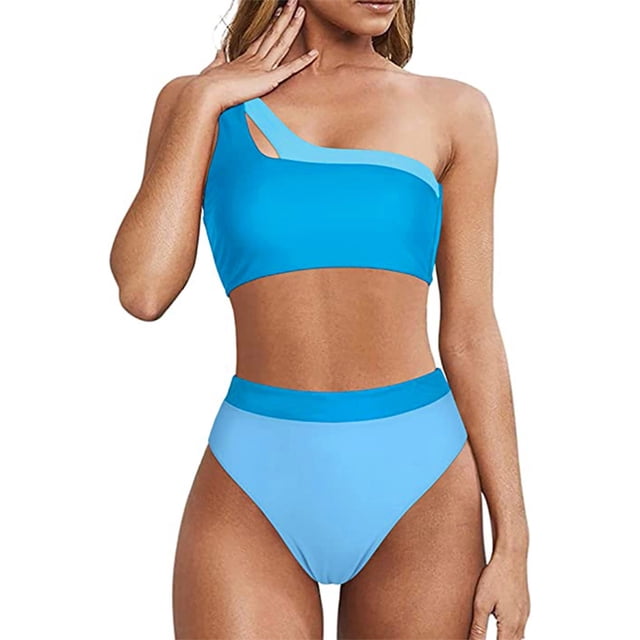 Gibobby Trajes de Natación para Mujer Traje de baño de un hombro para mujer Bikini de talle con patchwork de color sólido caramelo(Azul,M)