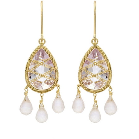 5th & Main 18kt Gold over Sterling Silver Hand-Wrapped Teardrop Chandelier Amethyst and Rose Quartz Earrings