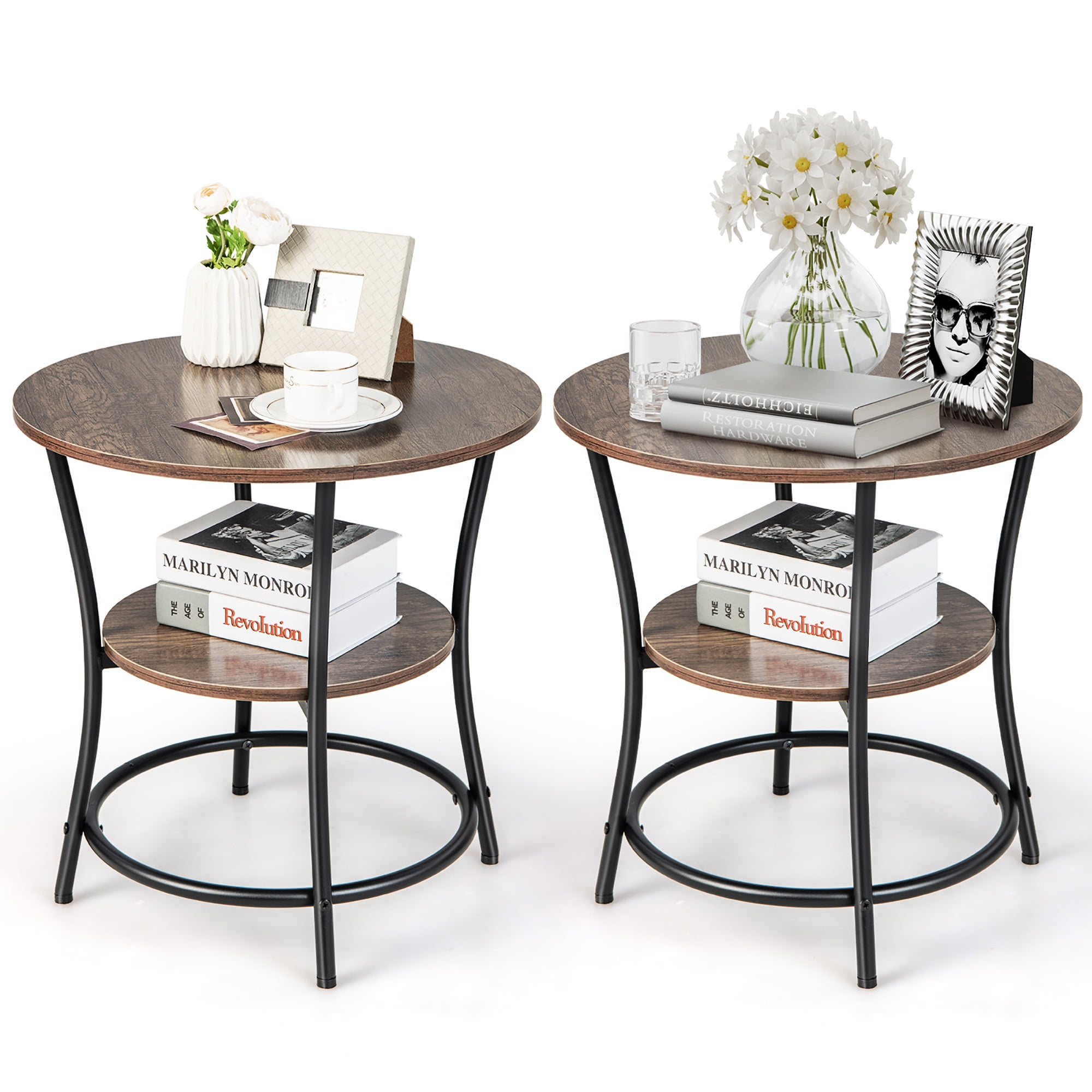 Costway 2 PCS 2Tier Sofa Side End Table Round Nightstand with Sturdy
