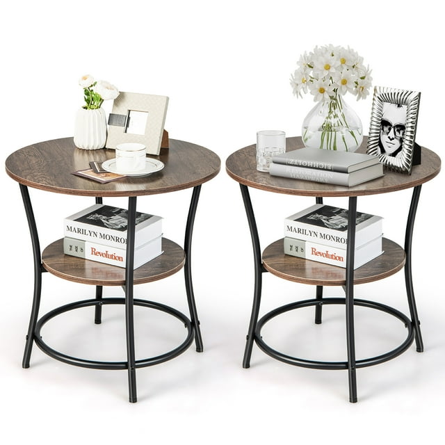Costway 2 PCS 2-Tier Sofa Side End Table Round Nightstand with Sturdy Metal Frame Oak