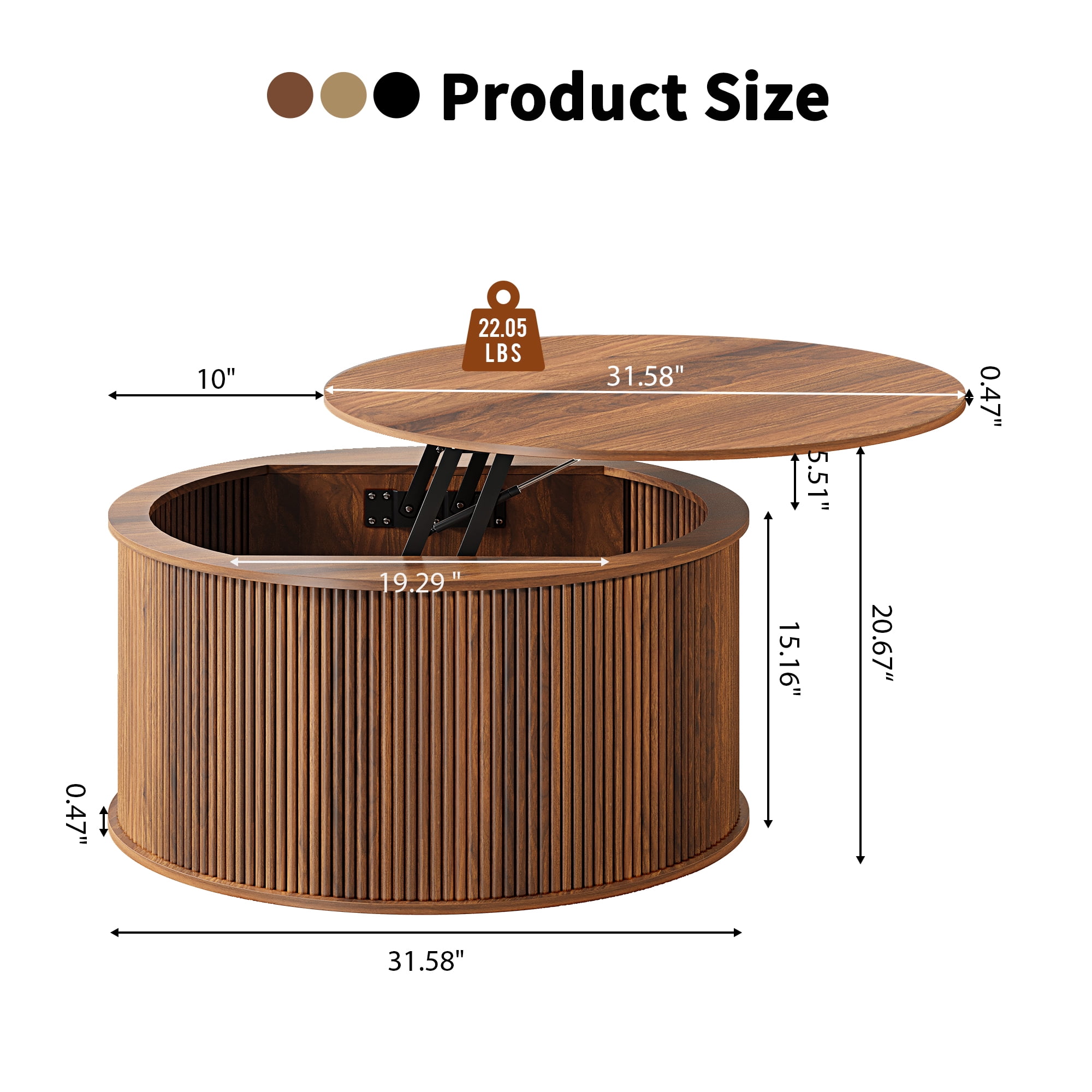 Wirrytor 31 inches Round Lift Top Coffee Table with Storage and Flip Top, Fluted Center Table for Living Room, Wood Coffee Table with Hidden Compartment, Round Arc Design, Walnut