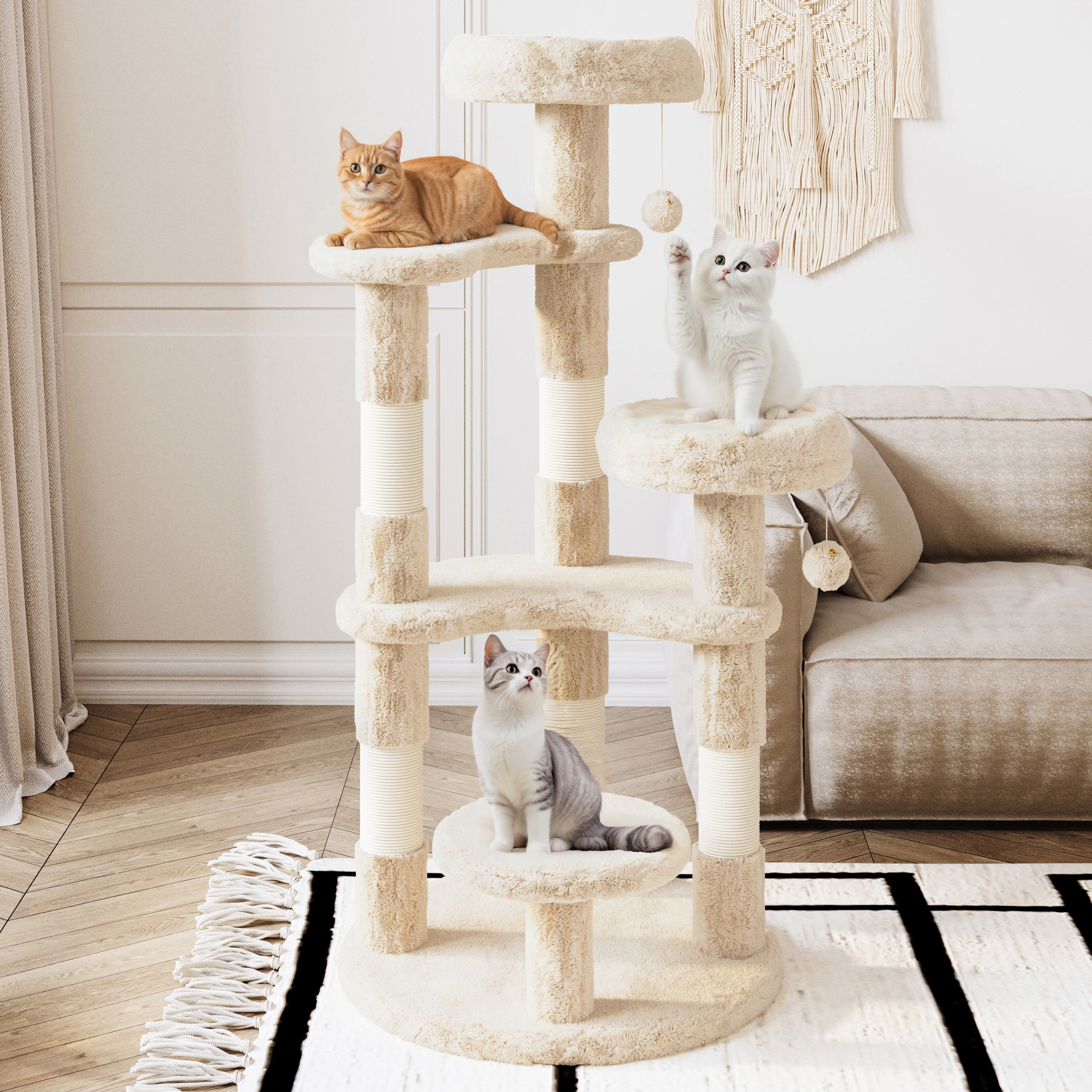 Amolife 55.5" Large Cat Tree and Tower with 5 Scratching Posts, Cat Perches for Indoor Cats and Kittens, Beige