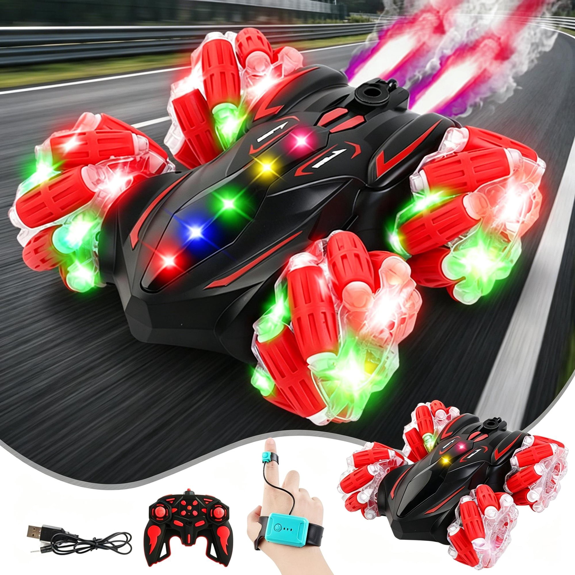 2.4G 4WD Gesture Watch & Hand Controller RC Stunt Car 360&deg; Rotating Drift Off-Road Vehicle with Color LED Wheel Lights USB Rechargeable All Terrain Toy Car Gift for Boys Girls Ages 4-12
