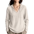 thumbnail image 2 of DYTTDG Women's Waffle Knit Hoodie V Neck Long Sleeve Pullover Top Casual Lightweight Hooded Sweatshirt Pocket, 2 of 8