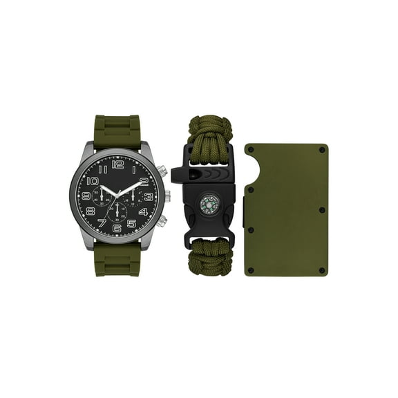 Folio Men's Gunmetal Tone Round Analog Watch with Green Silicone Strap with Green Braided Compass and Knife Bracelet and Green Metal Card Case Gift Set (FMDAL1155)