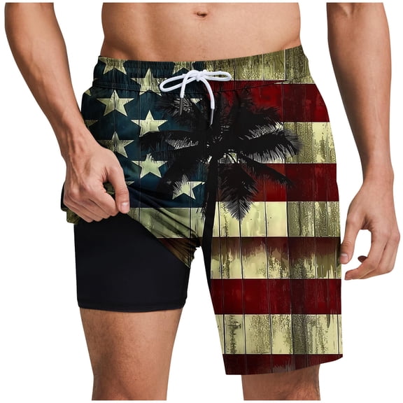 LPZOOGU Men's Independence Day American Flag Print Swim Trunks with Compression Liner Quick Dry Elastic Beach Shorts