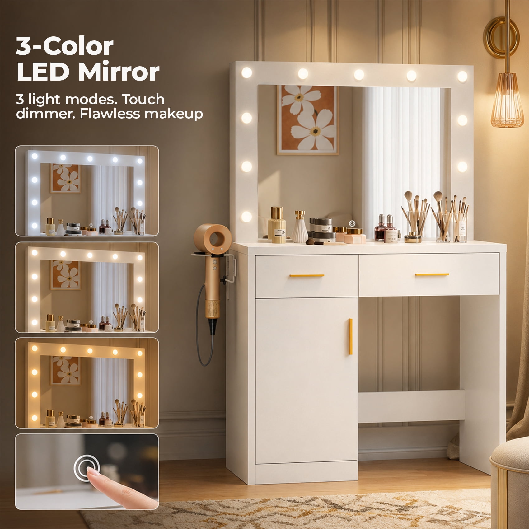 Alvantor 35.4" Makeup Vanity Desk with LED Mirror and Storage Cabinet