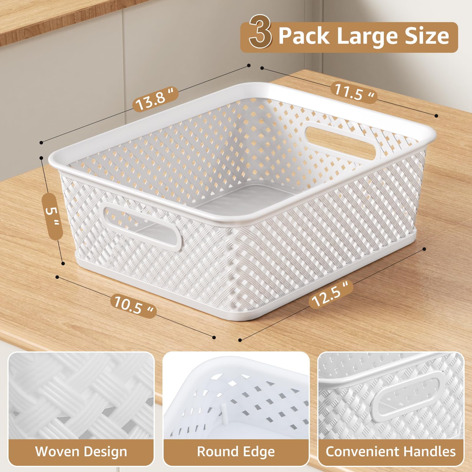 MaxGear 3 Pack Large Storage Bins with Handles, White Woven Plastic Organizer Baskets for Home & Office Organization, 13.8x11.5x5.2 Inch