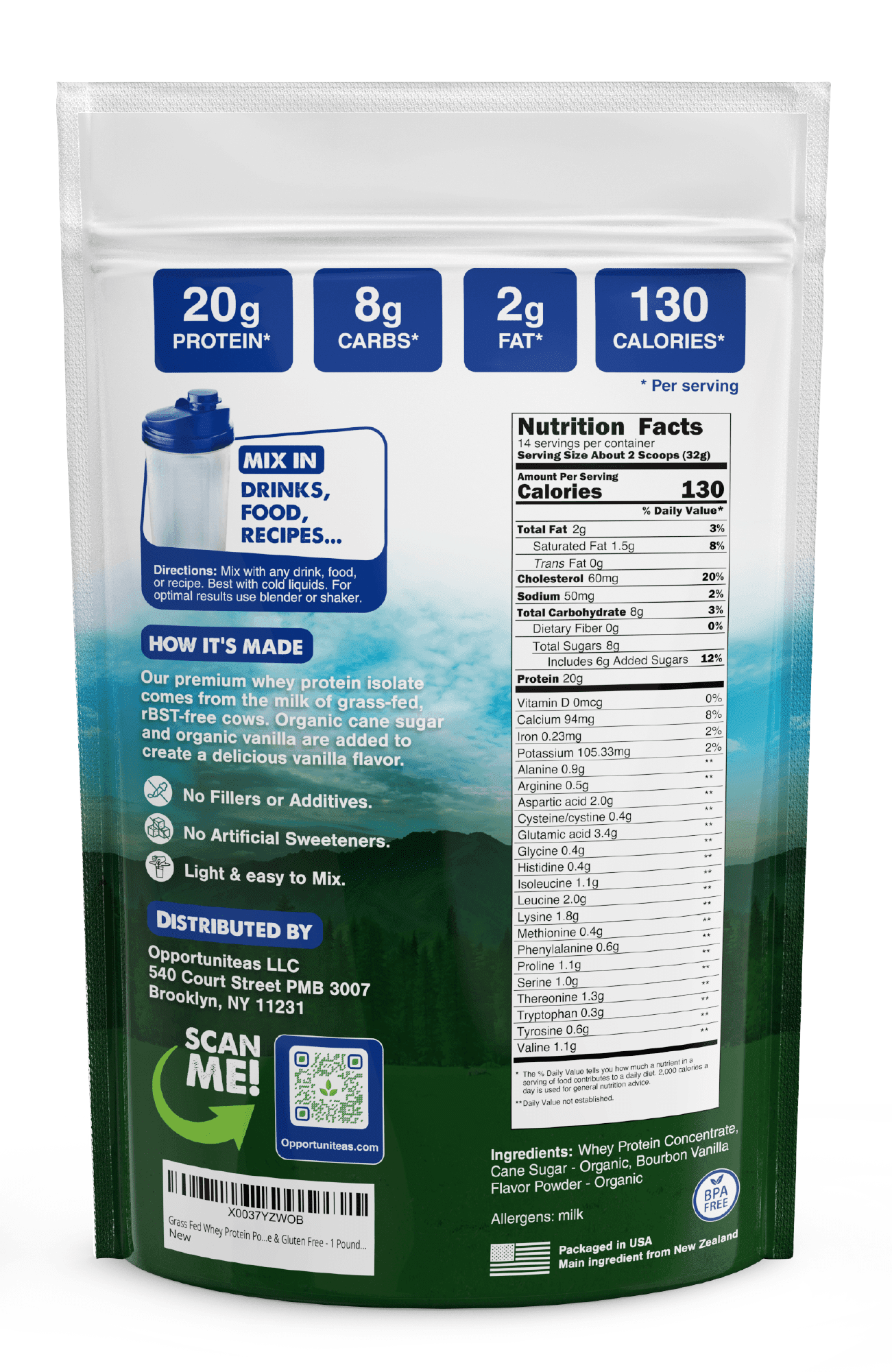 Opportuniteas - Grass Fed Whey Protein Powder Concentrate, Organic Vanilla, 1lb