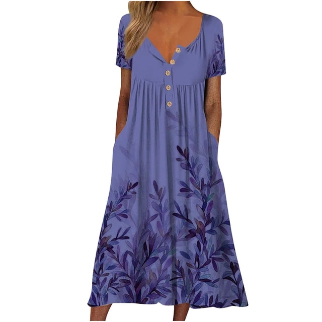 TopLLC Robe Boutonnée pour Femme Été à Col en V Décontractée à Manches Courtes Robe Maxi Robe Courte Fluide avec Poches