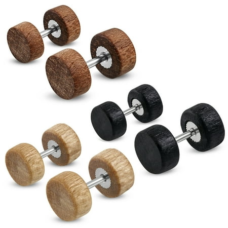Fake Ear Plug - Organic Natural Wood Illusion Round Circle Stainless Steel Faux Fake Cheater Ear Plugs Gauge, Pair