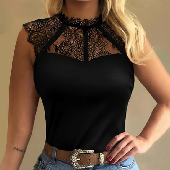 LADIGASU Women Hight-Neck Sleeveless Openwork Lace Stitching Solid Color Lace Tank Top